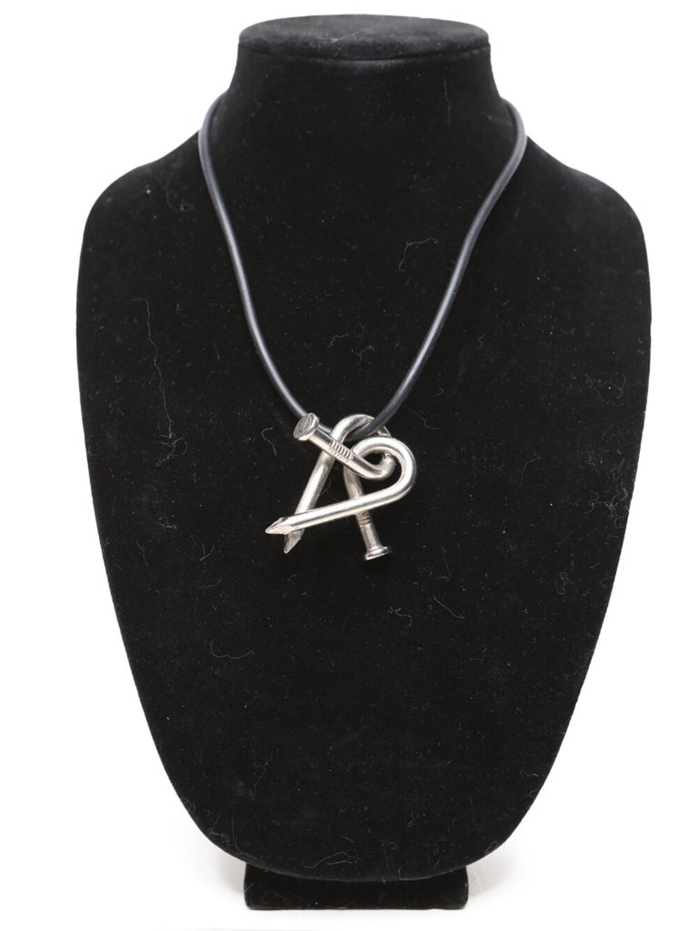 Edgy Silver Tone Bent Nail Heart Pendant Rubber Cord Necklace Grunge Goth